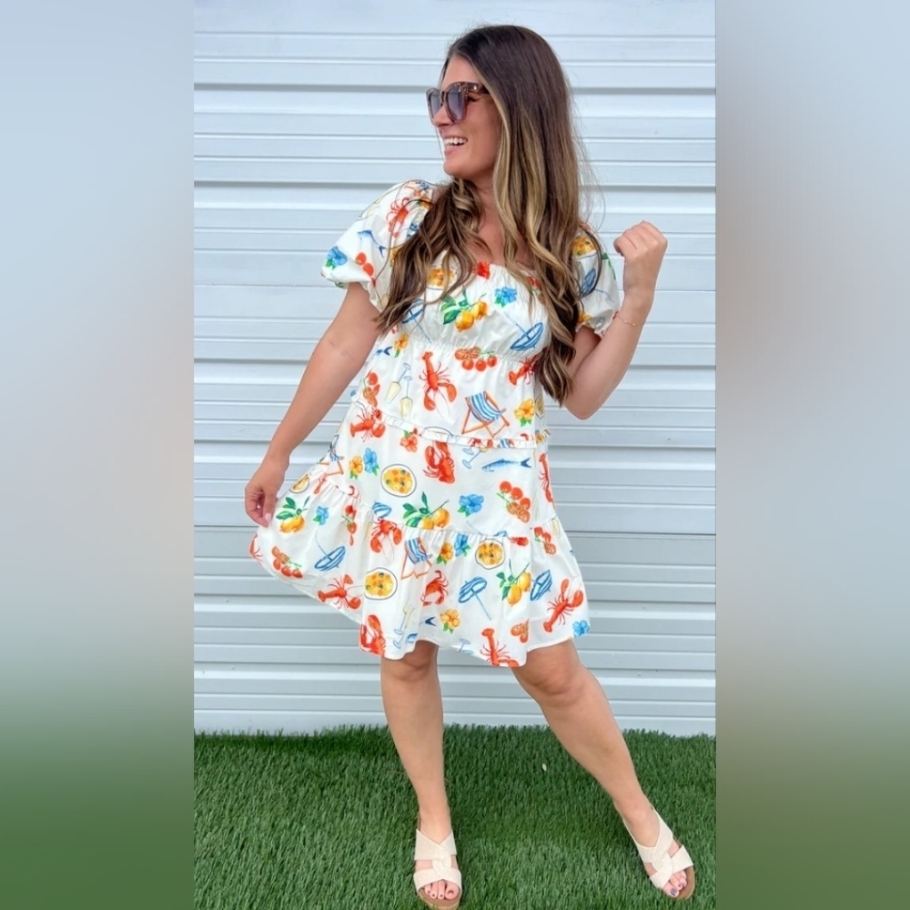 Peach Love California White Mini Dress with Orange & Blue Print